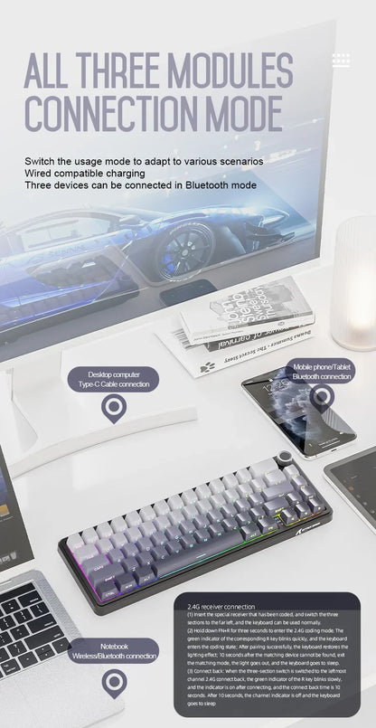 Teclado mecânico sem fios Attack Shark X66, layout compacto 65%, retroiluminação RGB, gasket, hot swap, Bluetooth, USB-C, PBT, bateria de grande capacidade