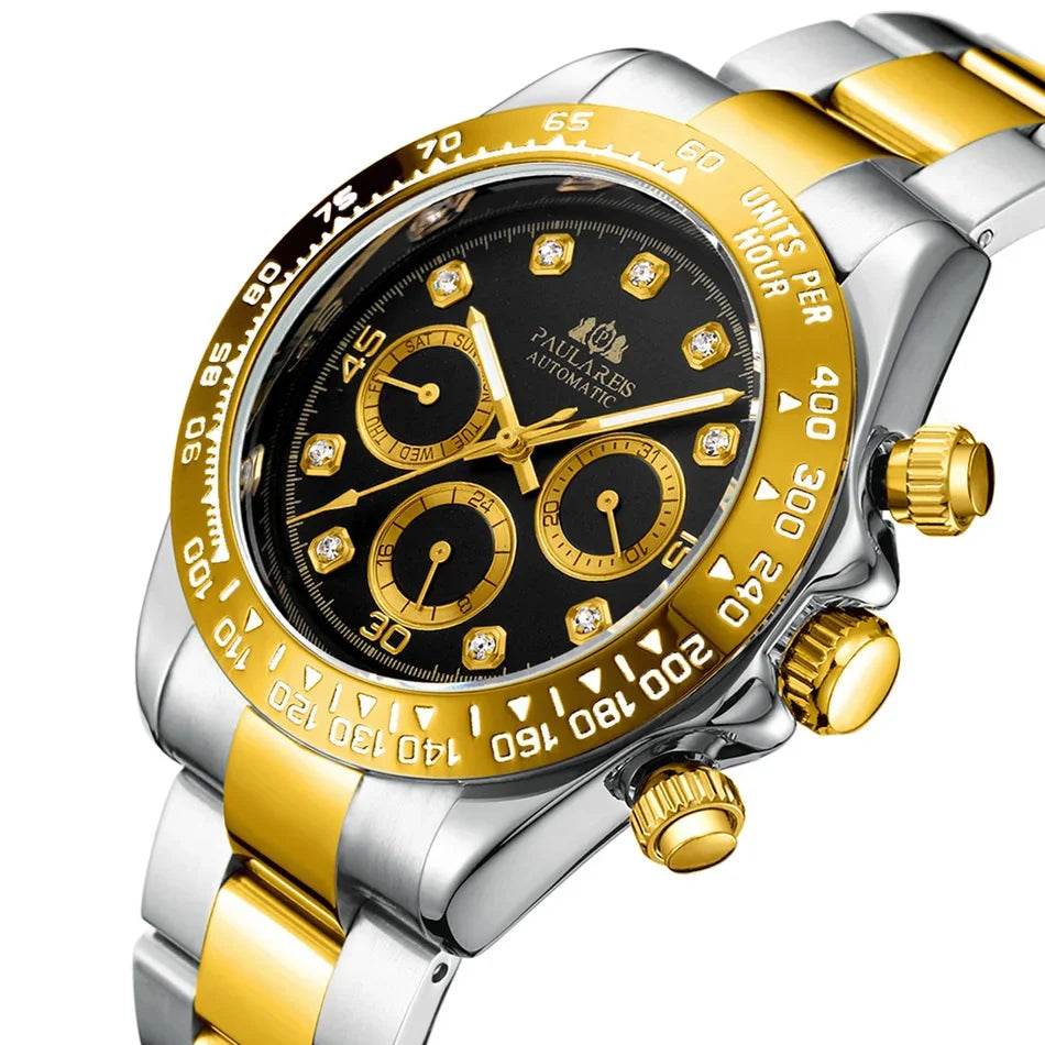 Automatic Mens Watch Mechanical Self Wind Movement Gold Black Stainless Steel Diamonds Stone Sports Luxury Fashion Watches