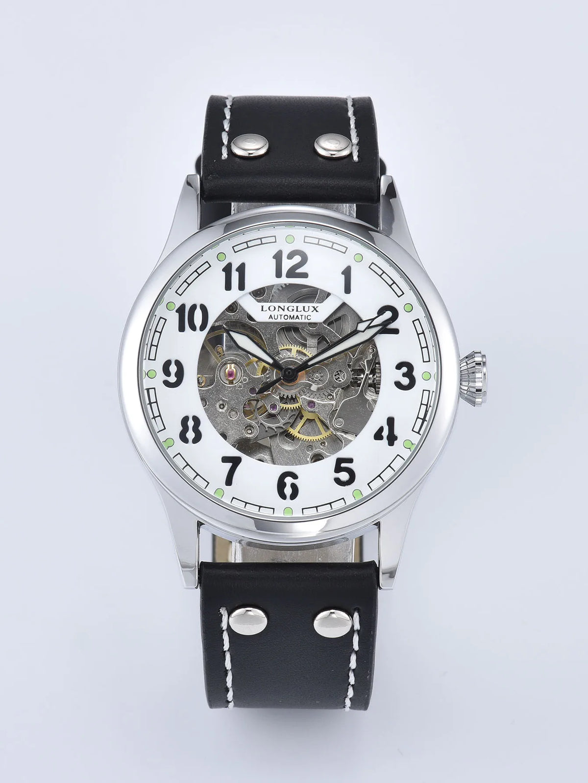 LONGLUX men automatic watch vintage pilot tough guy mechanical watches skeleton waterproof luminous leather gift