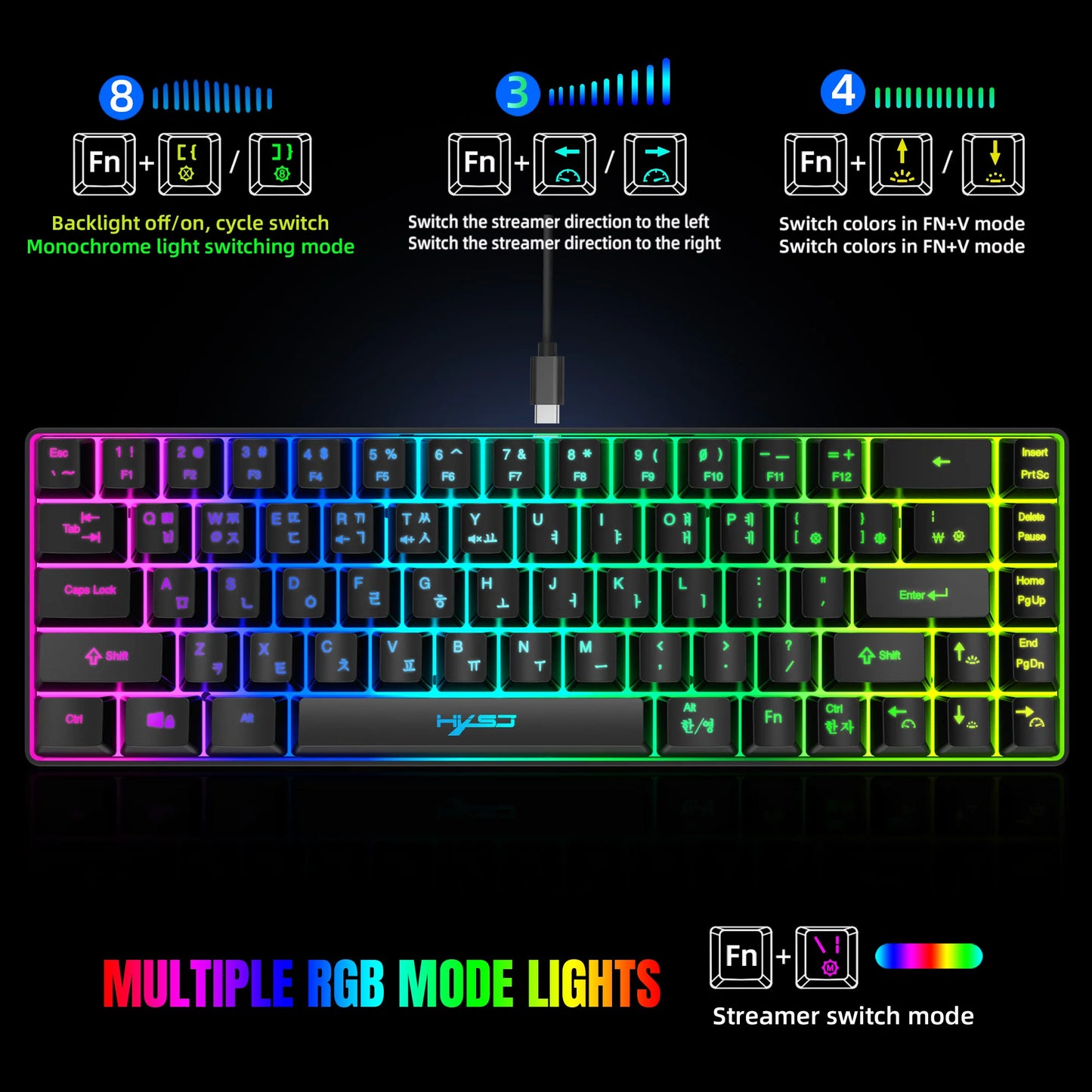 Teclado gaming de 68 teclas USB com fios portátil, retroiluminação RGB 20, teclado coreano para portáteis e computadores Windows