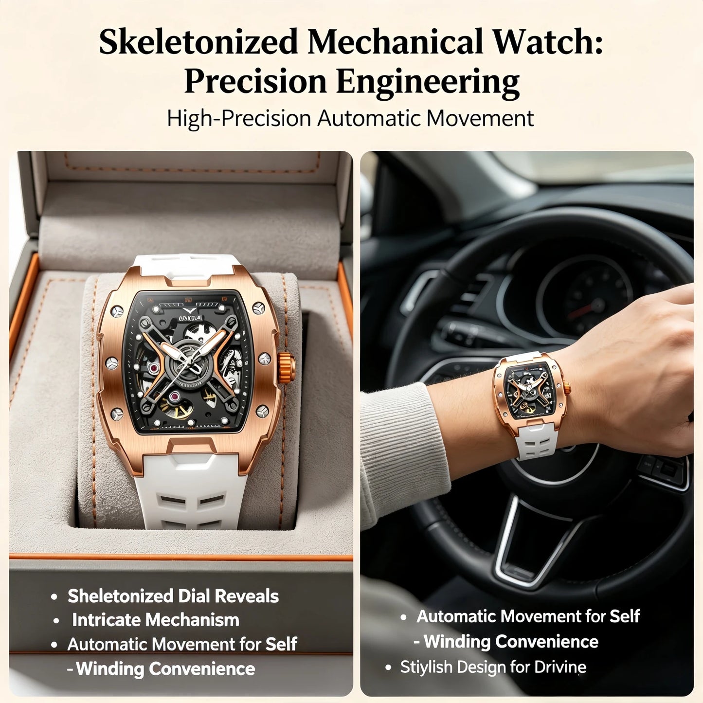 ONOLA Men's Rose Gold Automatic Mechanical Watch Silicone Strap Waterproof Luminous Hollow Dial Watch