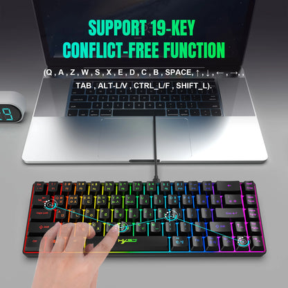 Teclado gaming de 68 teclas USB com fios portátil, retroiluminação RGB 20, teclado coreano para portáteis e computadores Windows