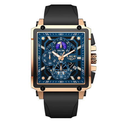 New LIGE Mens Watches Top Brand Luxury Hollow Square Sport Watch For Men Fashion Silicone Strap Waterproof Quartz WristWatch+Box