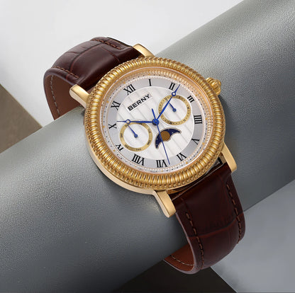 BERNY Watches for Men Luxury Dress Brand Business Gold Quartz Real Moons Man Watch S/S Sapphire Calendar Moon Phase Wristwatch