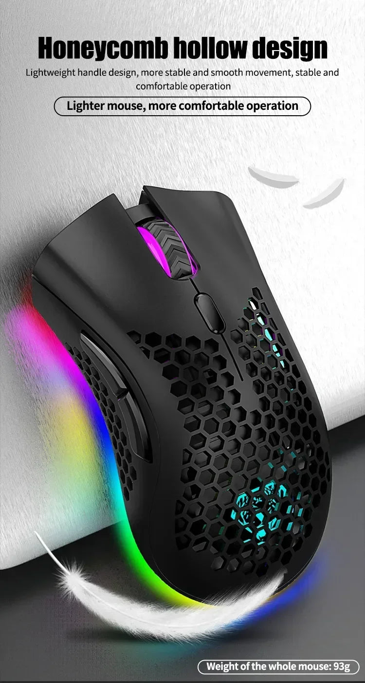 BM600 Wireless Gaming Mouse USB 2.4GHz Rechargeable RGB Wireless Mouse, Ergonomic Honeycomb Optical Mouse for PC, Laptop & Office
