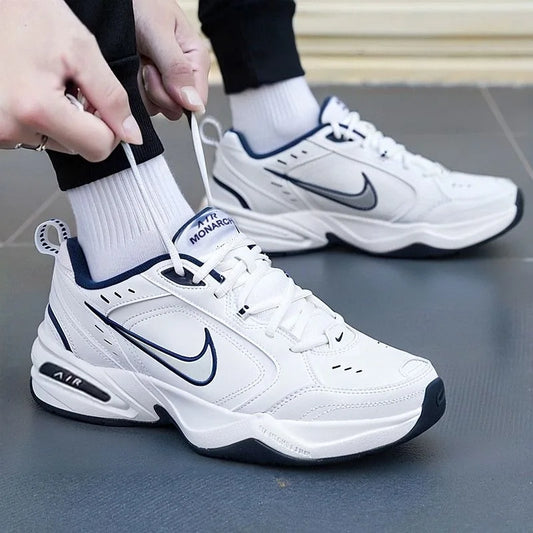 Nike Air Monarch 4 White Navy Fabric Leather Retro Classic Non-Slip Low-Top Dad Shoes Men's Blue and White 415445-102