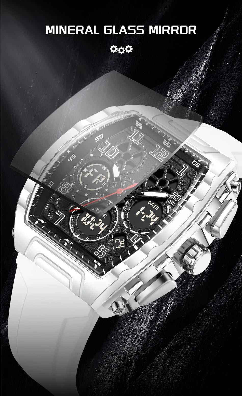 FOXBOX Men Watch Luminous White Silicone Waterproof Quartz Watch For Men Fashion Analog Digital Alarm Chronograph Montre Homme
