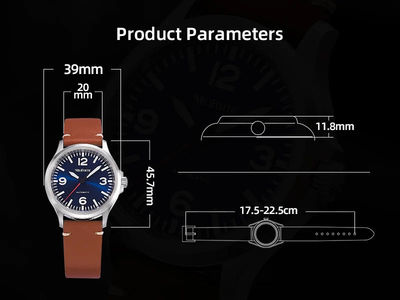 Milifortic Military Watch 39mm NH38 Automatic Mechanical Movement Retro Sapphire Crystal BGW9 Lume Leather Strap 10Bar Watch Men