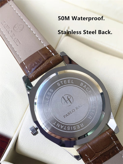 PABLO RAEZ Real Photos Top Brand Luxury Man Wristwatch Waterproof Diamond Date Leather Watch Quartz Fashion