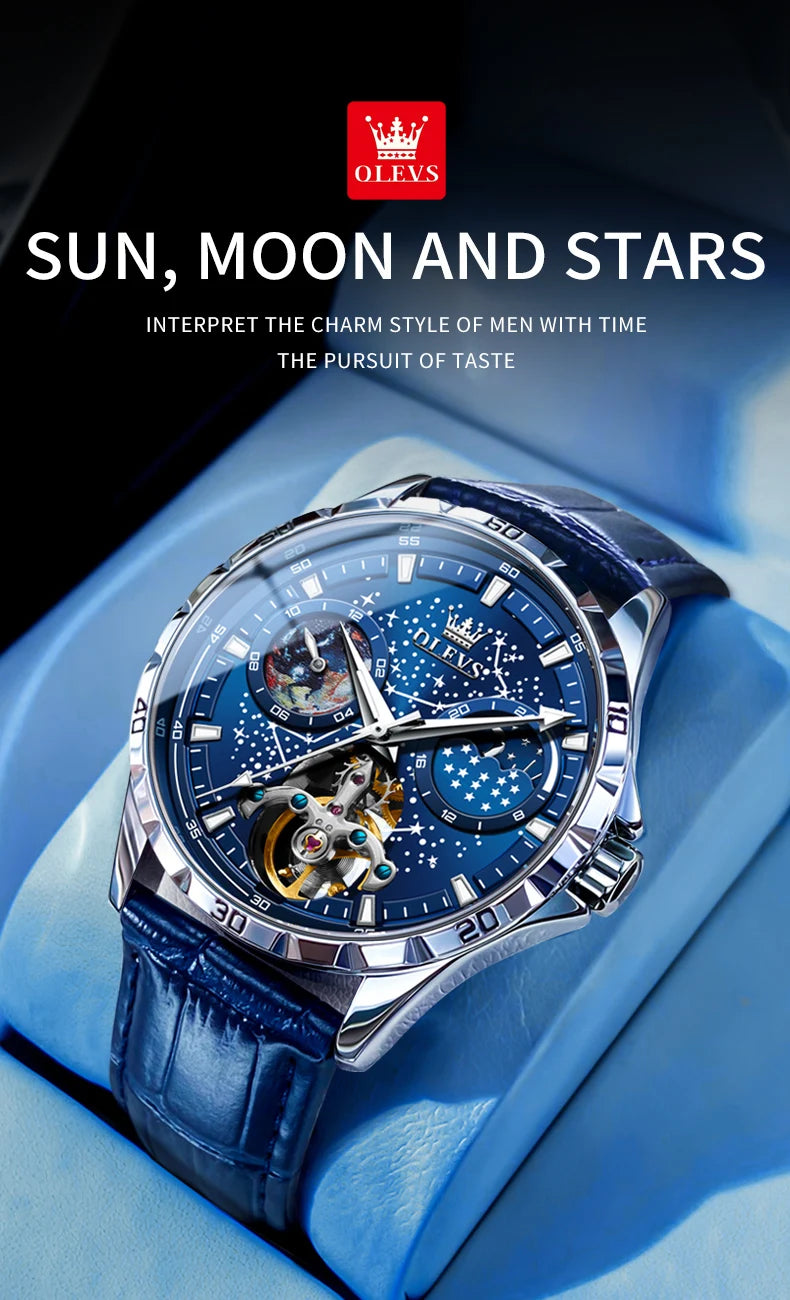 OLEVS Flywheel Skeleton Automatic Watch for Men Luminous Starry Sky Waterproof Business Wristwatch Mechanical Watch