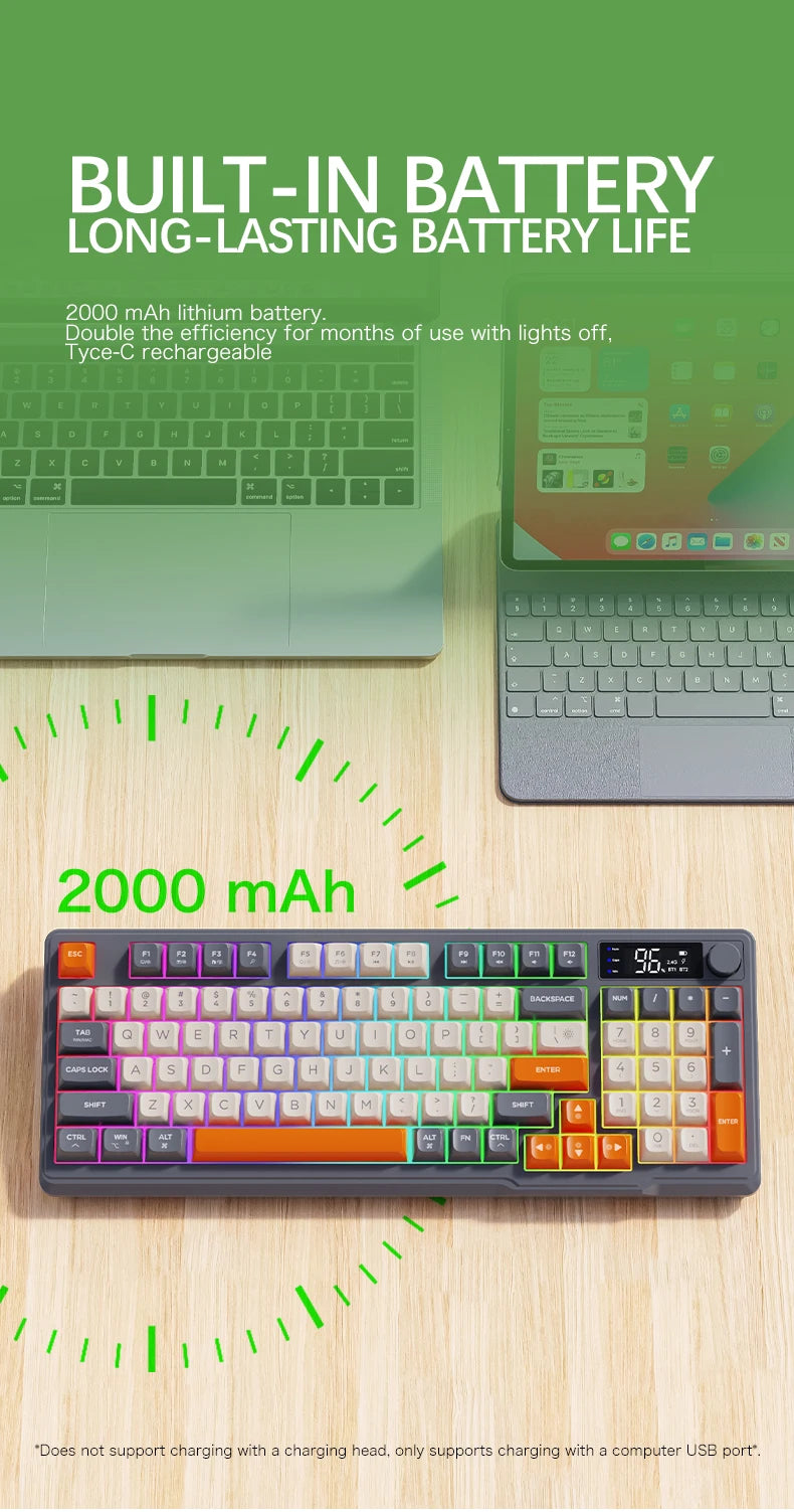 Teclado Bluetooth Sem Fios M96 FREEWOLF com Ecrã Gaming, Ecrã Eletrónico, Ligação a Vários Dispositivos, Ergonomia Gaming