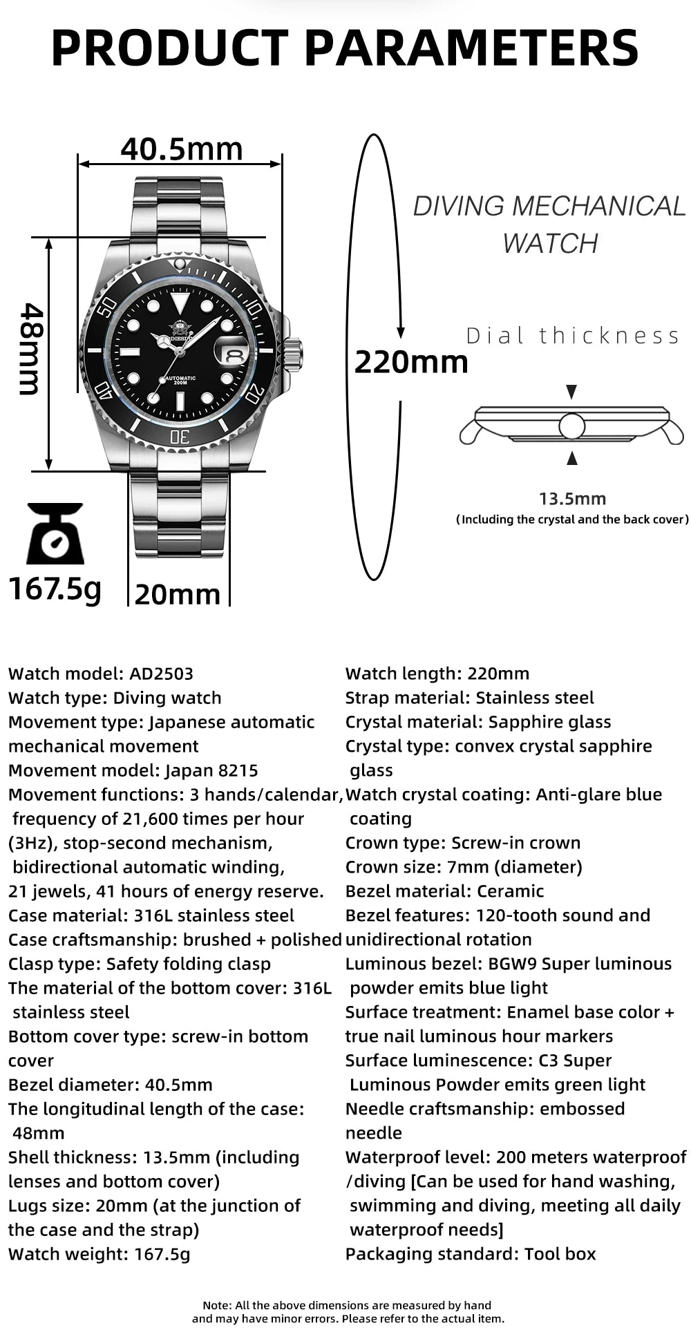 ADDIESDIVE Luxus-Automatikuhr für Herren 8215 Mechanische Uhr BGW9 Leuchtend Saphirglas Taucheruhr für Herren Analoguhr AD2503