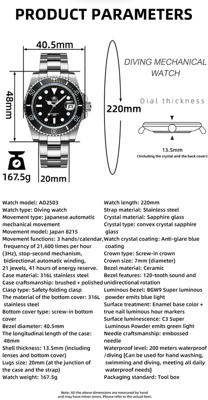 ADDIESDIVE Luxus-Automatikuhr für Herren 8215 Mechanische Uhr BGW9 Leuchtend Saphirglas Taucheruhr für Herren Analoguhr AD2503