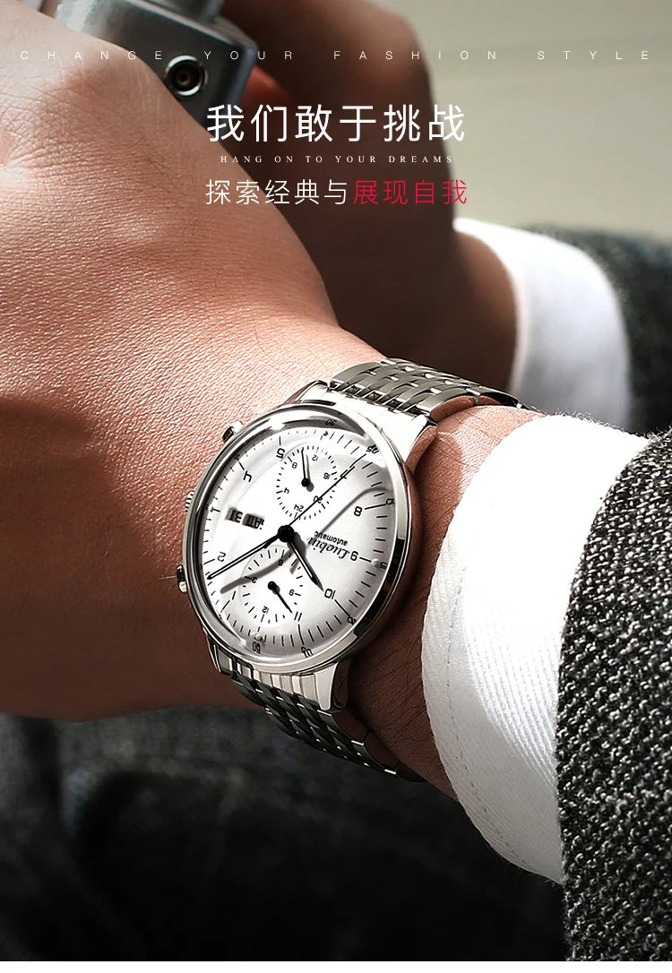 Mens Business Watch Mechanical Movement Multifunction Chronograph Stainless Steel Waterproof Automatic Calendar Sapphire