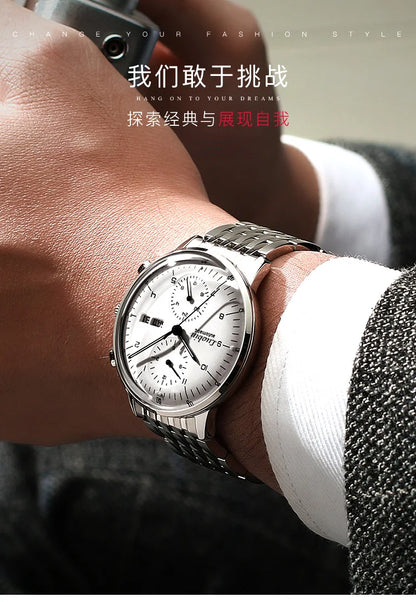 Mens Business Watch Mechanical Movement Multifunction Chronograph Stainless Steel Waterproof Automatic Calendar Sapphire