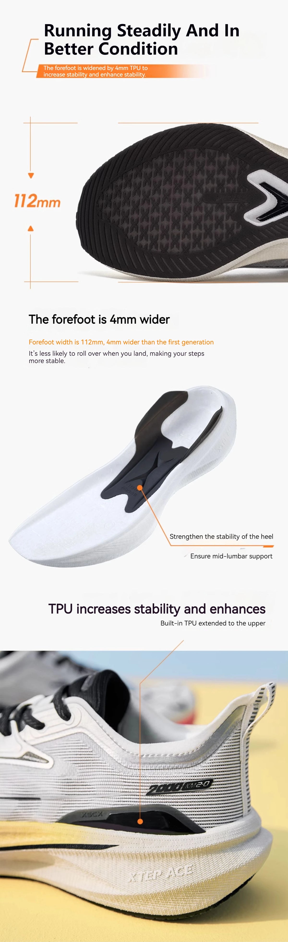 Xtep 2000KM 2.0 Running Shoes Men  Summer Professional TPU Shock Absorption Sneakers (suggest half size down) 876219110043