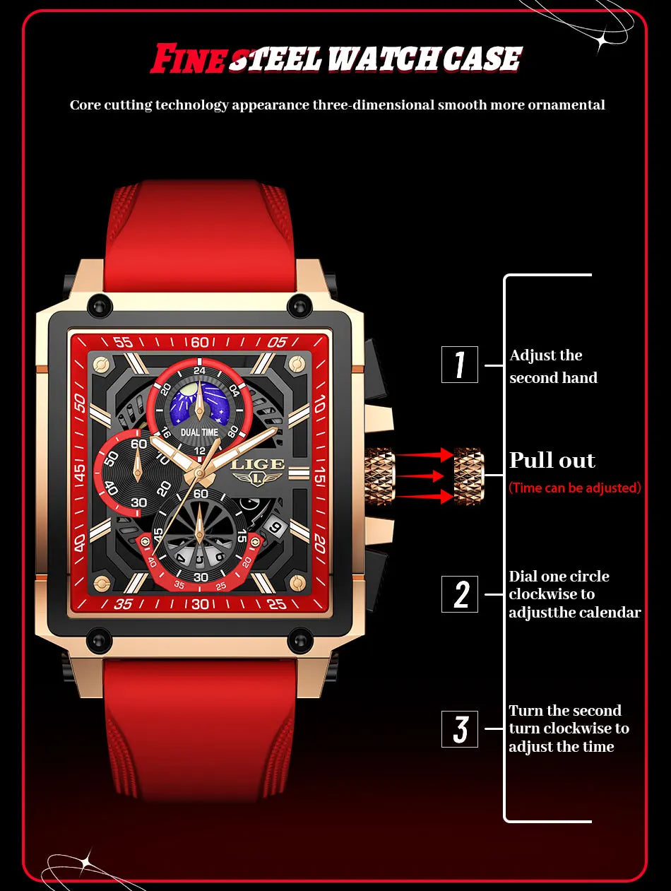 New LIGE Mens Watches Top Brand Luxury Hollow Square Sport Watch For Men Fashion Silicone Strap Waterproof Quartz WristWatch+Box