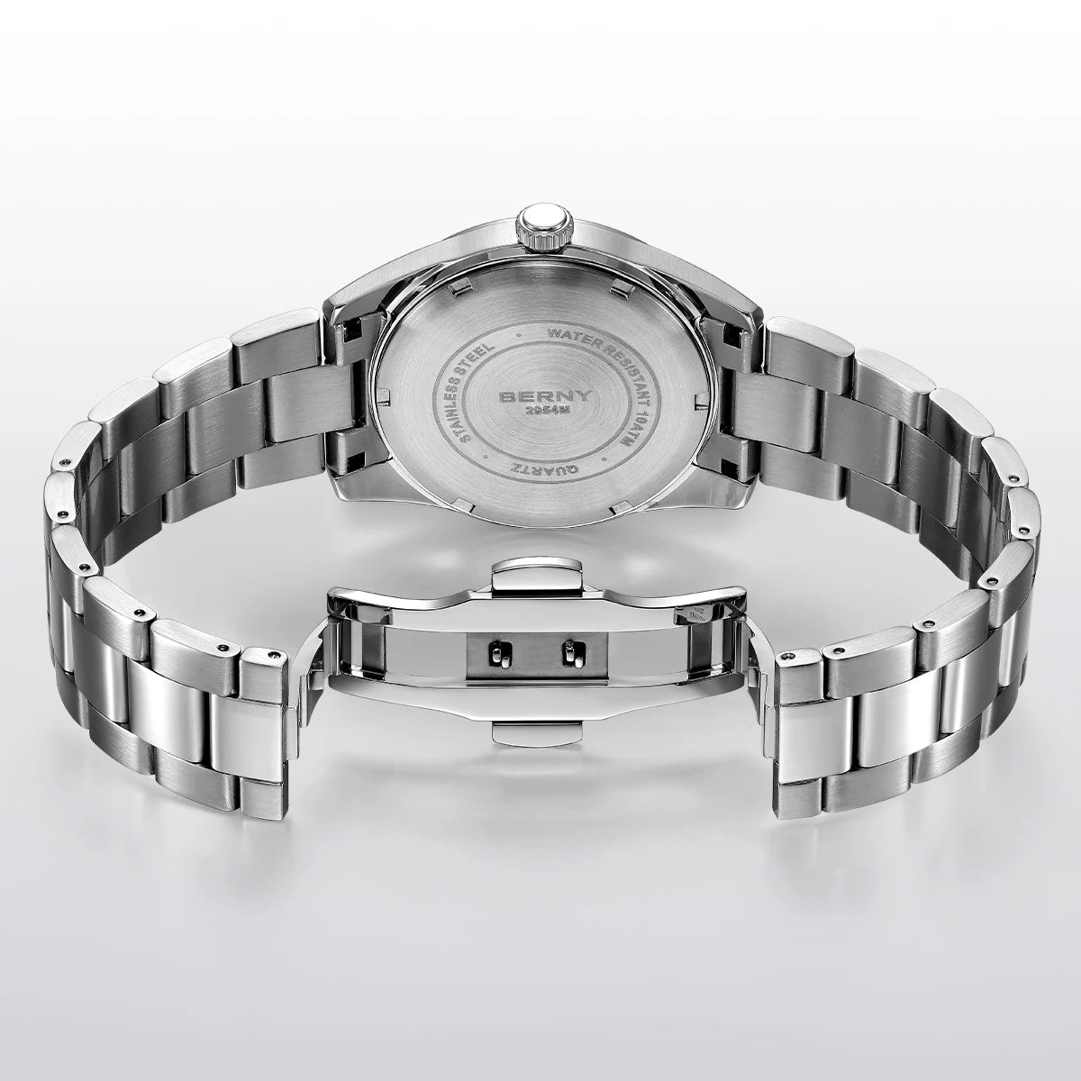 BERNY Men's Watch 10ATM Sapphire Luminous Fashion Quart Watches Full Stainless Steel Classic Dress Business Wristwatch