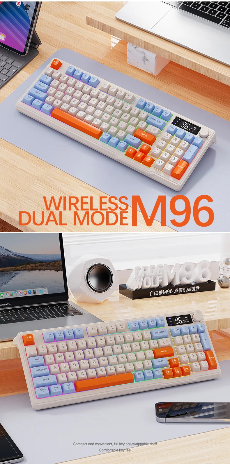 Teclado Bluetooth Sem Fios M96 FREEWOLF com Ecrã Gaming, Ecrã Eletrónico, Ligação a Vários Dispositivos, Ergonomia Gaming