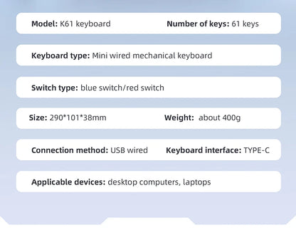 Teclado mecânico gaming com fios APAYADO K61 60% Mini Phantom RGB, 61 teclas, switches vermelhos/azuis, ergonómico, portátil para PC/portátil
