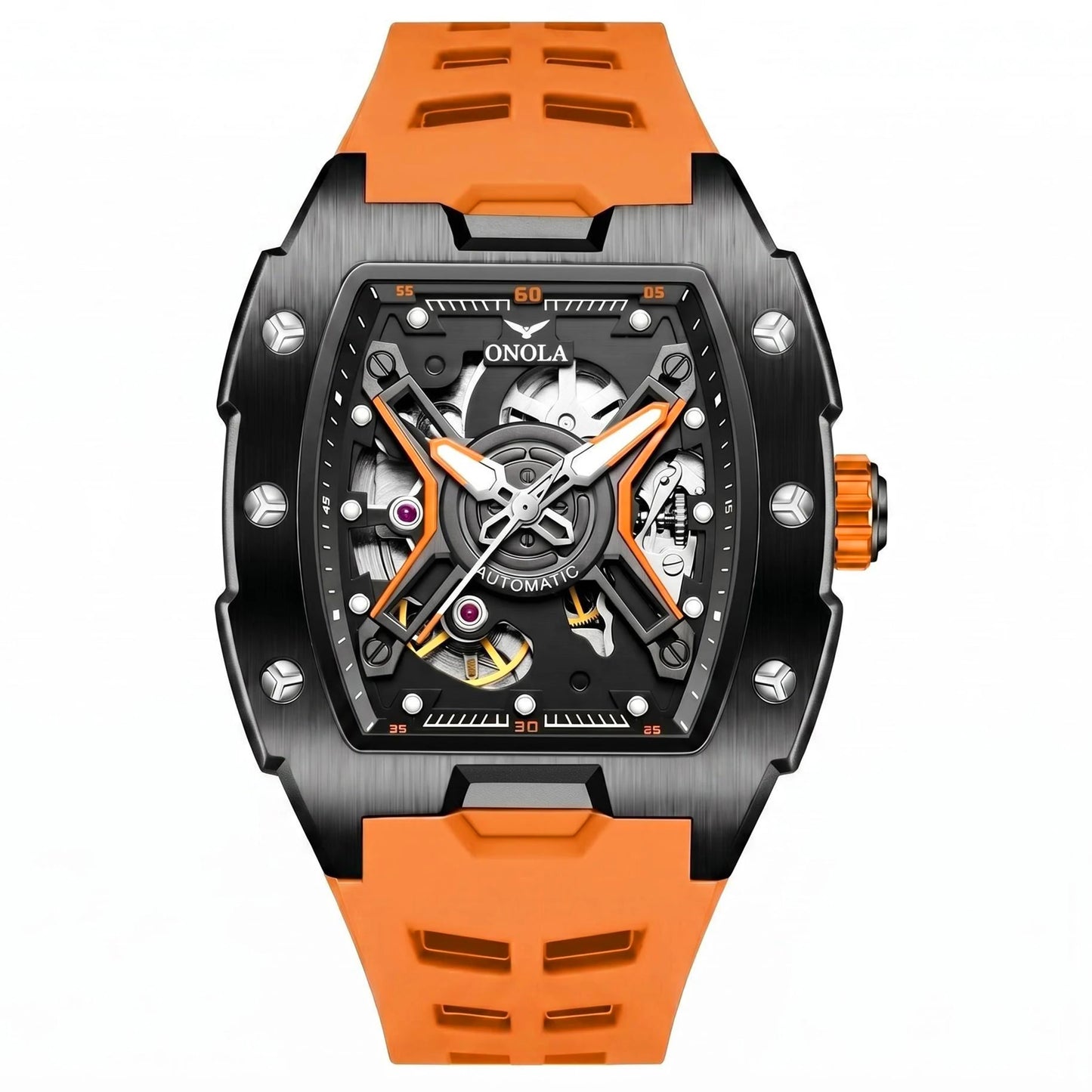 ONOLA Men's Rose Gold Automatic Mechanical Watch Silicone Strap Waterproof Luminous Hollow Dial Watch