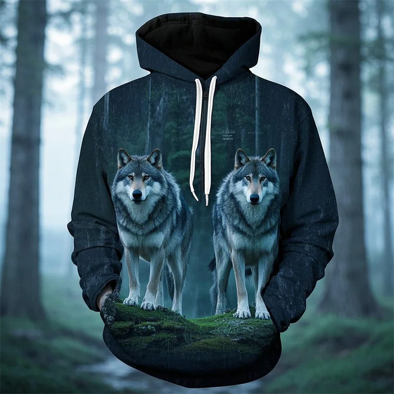 Vintage Men's Hoodie 3D Printed Wolf Tops Fashion Animal Graphics Long Sleeve Hoodie Men's 2025 Oversized Streetwear Unisex Tops