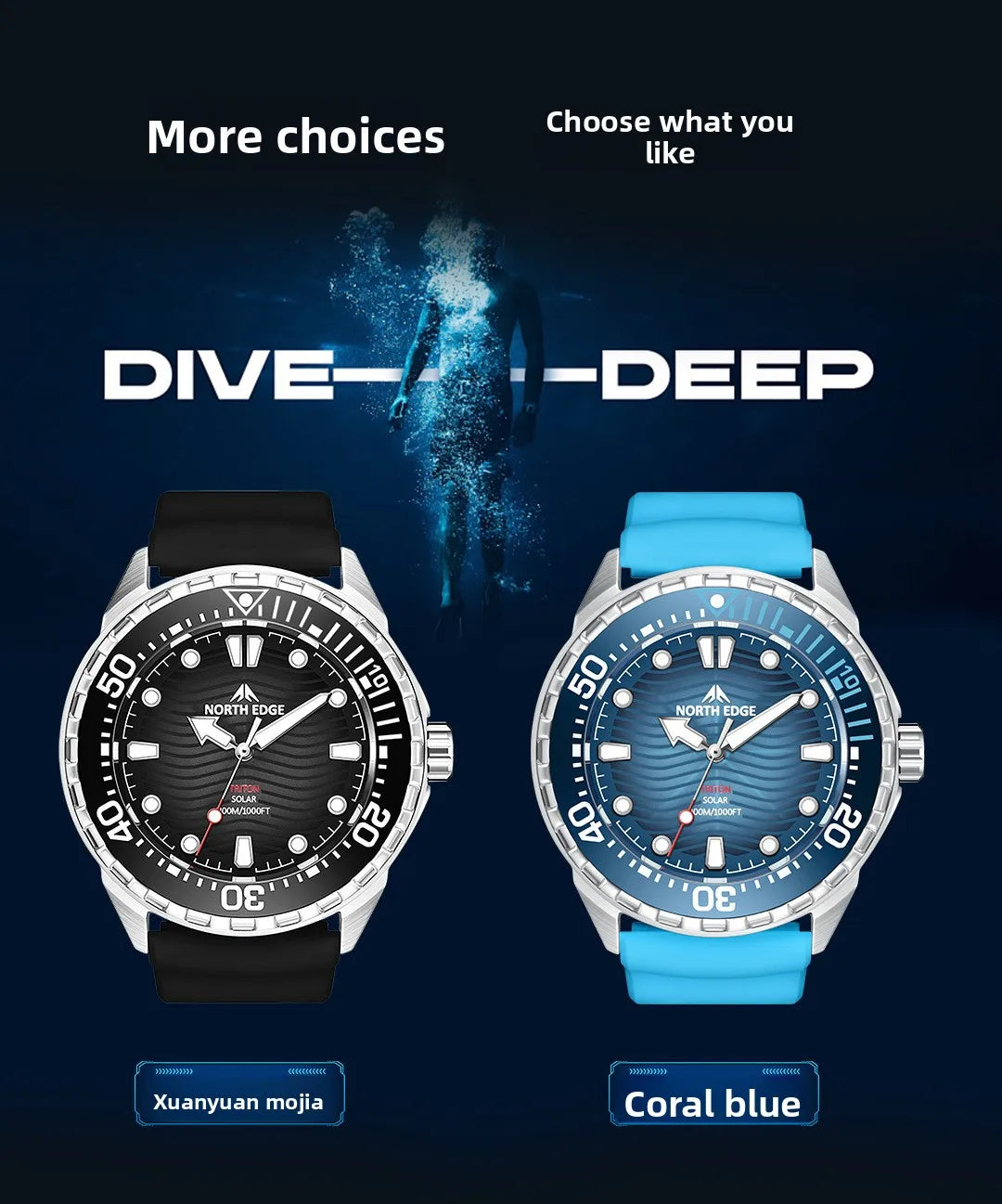 hot NORTH EDGE 2025 New TRITON Solar Powered Dive Watch Men Luxury Quartz Watches For Men 316L Stainless Steel Case Waterproof 3