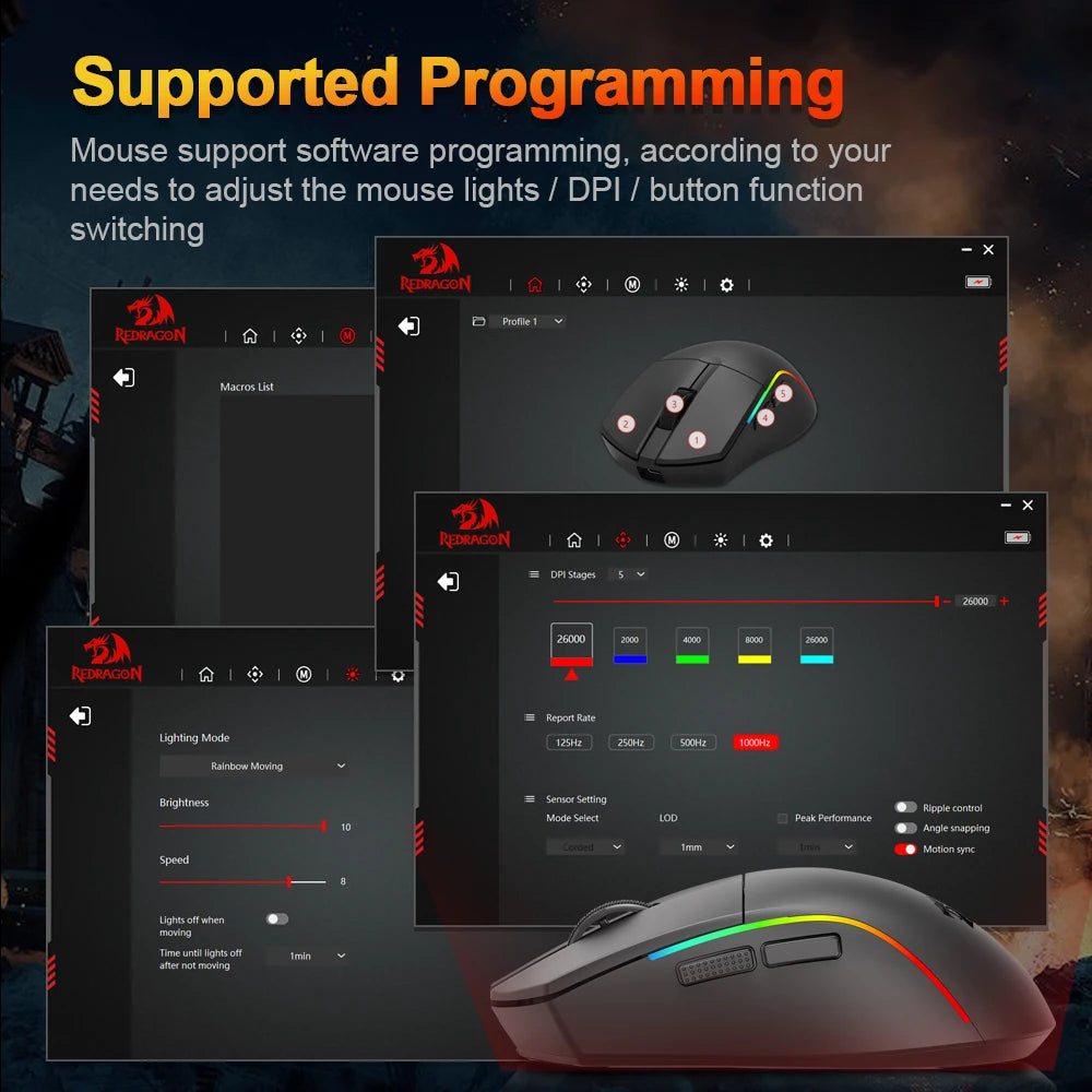 Mouse gaming REDRAGON DEICIDE M816 PRO RGB USB con supporto Bluetooth 2.4G wireless, 26000 DPI, 6 pulsanti per gamer, mouse cablato per computer