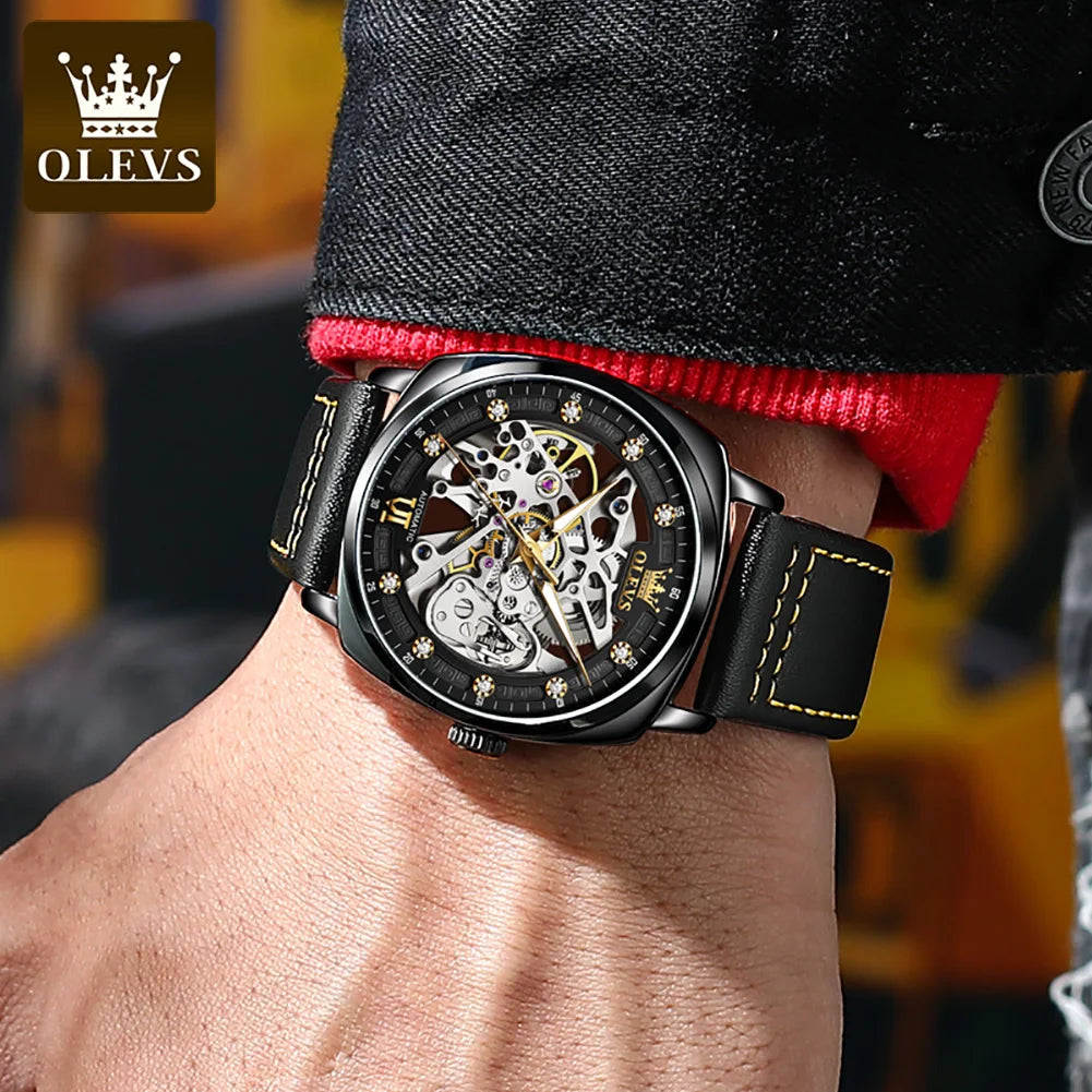 OLEVS 6651 Men's Watch Classic Automatic Mechanical Watch For Men Hollow Skeleton Clock Luxury Leather Waterproof Wrist Watches