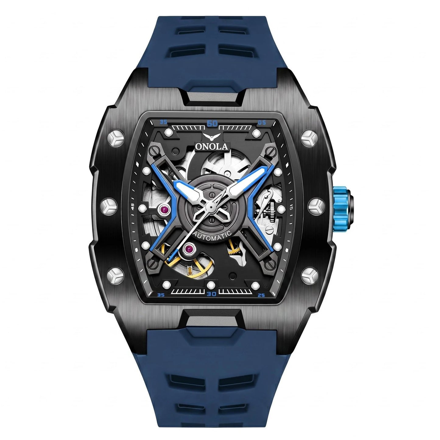 ONOLA Men's Rose Gold Automatic Mechanical Watch Silicone Strap Waterproof Luminous Hollow Dial Watch