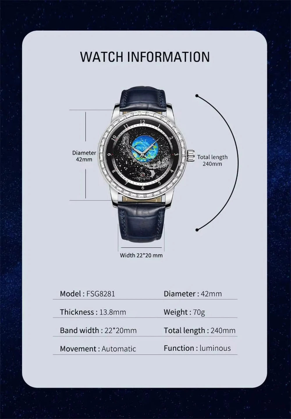 FORSINING Luxury Mens Automatic Mechanical Watch,Earth Star Moon Starry Milky Way Rhinestone Dial Leather Strap,3ATM Waterproof