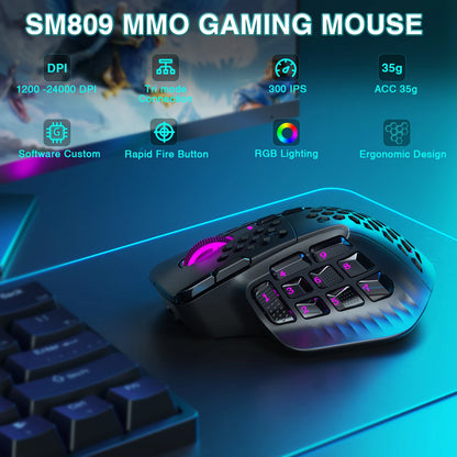 SOLAKAKA SM809 Pro Wireless MMO Gaming Mouse, PAW3311 24000 DPI RGB Programmable Gaming Mouse with 16 Side Buttons, Tri-Mode Bluetooth, 2.4GHz & Wired