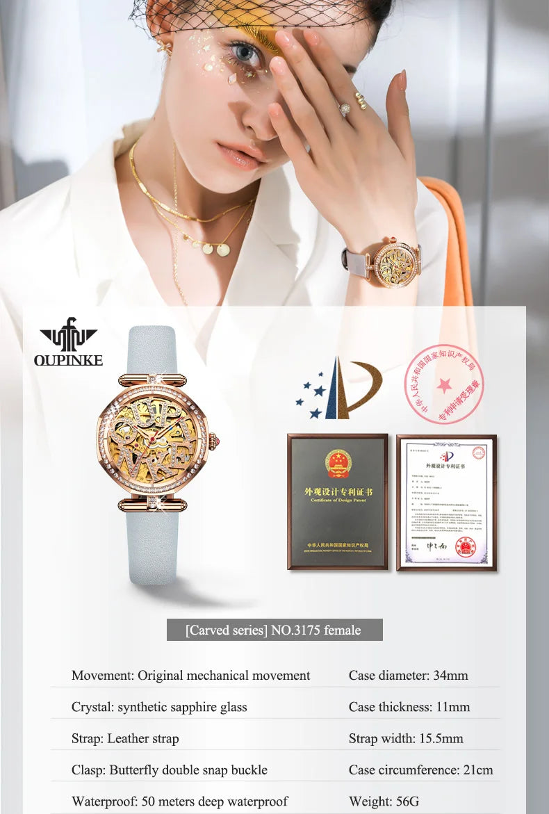 OUPINKE 3175 Women Watches Luxury Elegant Skeleton Automatic Mechanical Watches For Woman 50M Waterproof Bracelet Necklace Set
