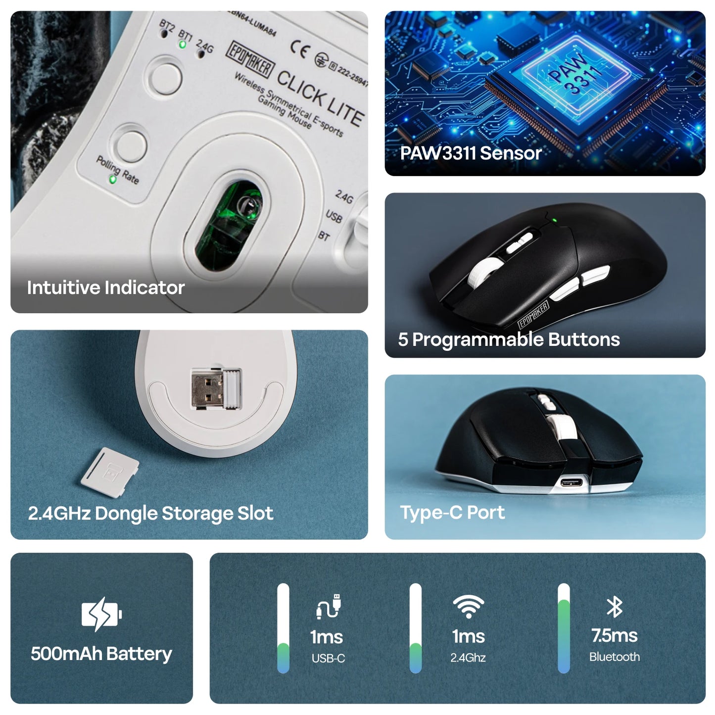 EPOMAKER Click Lite kabelgebundene/BT/2.4GHz kabellose Gaming-Maus mit PAW3311-Sensor, 800 bis 24000 DPI und 500mAh Akku für PC/Mac/Linux
