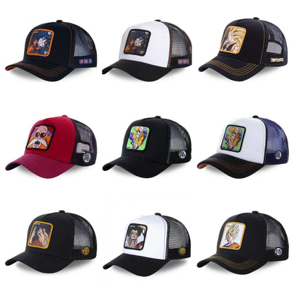 Dragon Ball Buu Goku sapka Nyári utazós csúcsos sapka Férfi hímzett hip-hop stílusú napellenzős állítható trucker hálós sapka