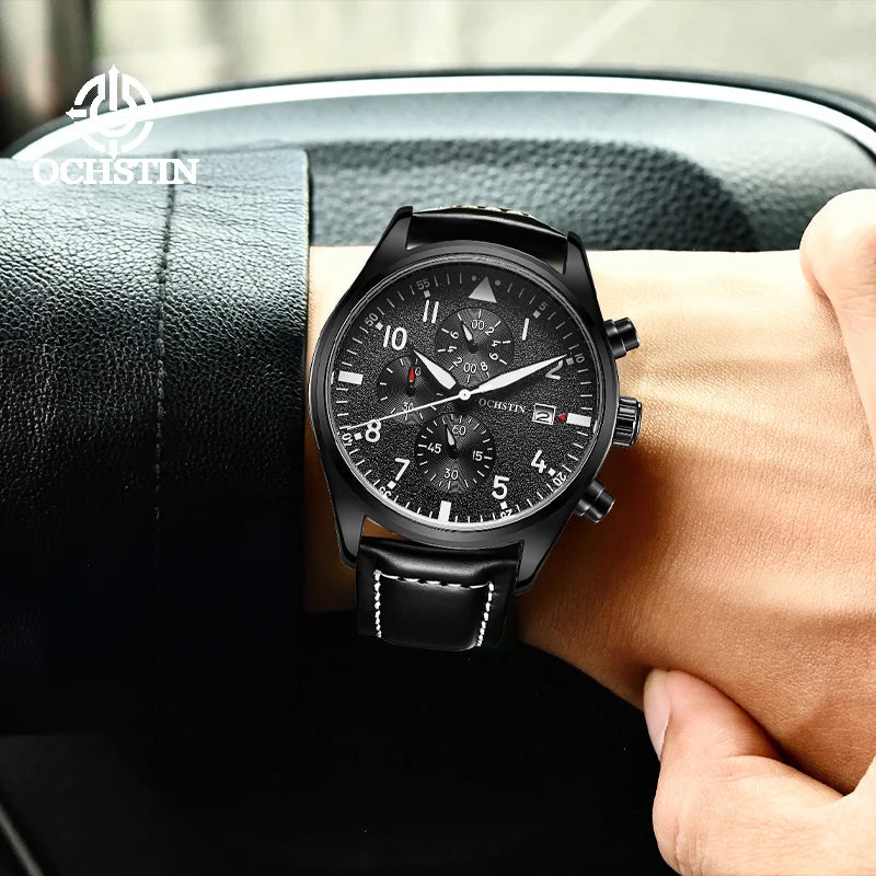 OCHSTIN Mens Watches Quartz Chronograph Men Watch Pilot Sport Male Fashion Wristwatch Top Brand Luxury Leather Waterproof Clock