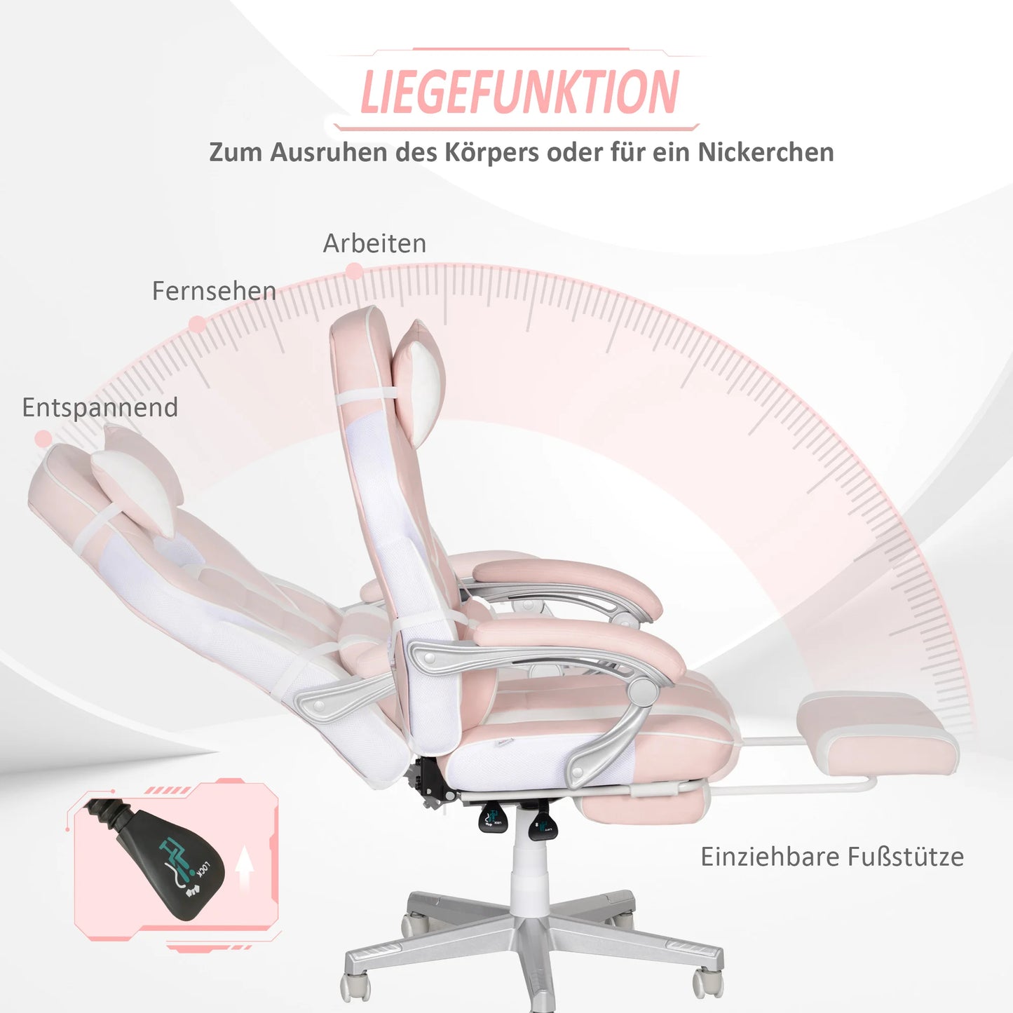 Pink Gaming Chair with Footrest, Adjustable, Headrest & Lumbar Pillow, 360° Swivel, High Back, Faux Leather, Max Load 120kg
