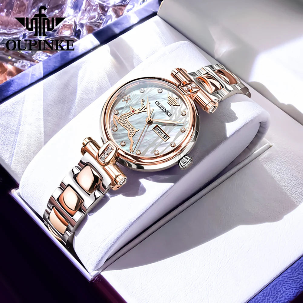 OUPINKE 3180 Watches For Woman Luxury Elegant Automatic Mechanical Watch Deer Dial Stainless Steel Week Date Watch Gift Box