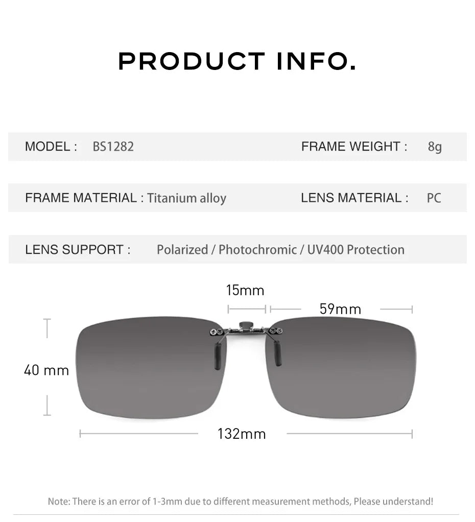 CAPONI New Sunglasses Clip For Men Square Polarized Photochromic Glasses Clip Flipped Up Protect Eyes Light Clip On Frame BS1282