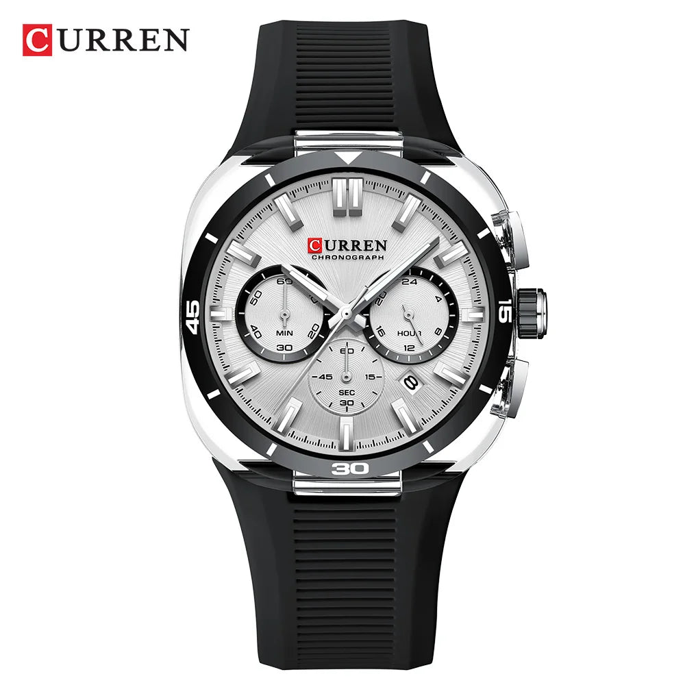 CURREN herenhorloge – Nieuw luxe quartzmodel, siliconen band, sportieve stijl, multifunctioneel, waterdicht, verlicht, met datumweergave en chronograaf.
