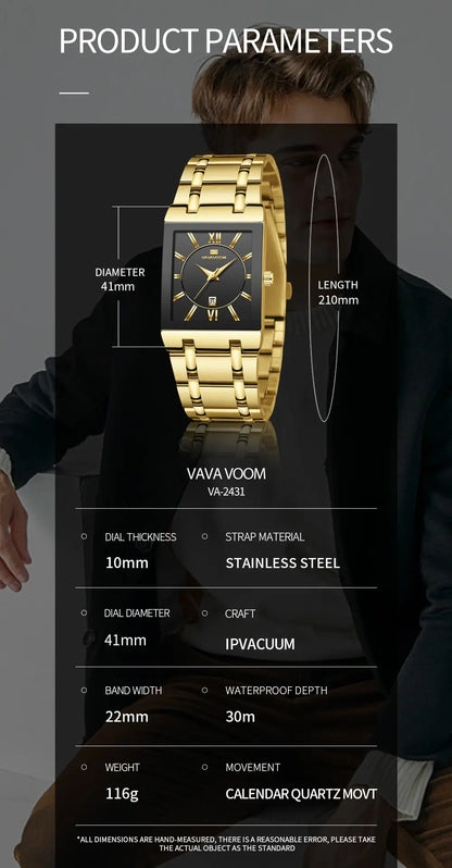 Men Business Watch Simple Design Luxury Fashion Rectangular Black Gold Stainless Steel Calendar Waterproof Quartz Men's Watches