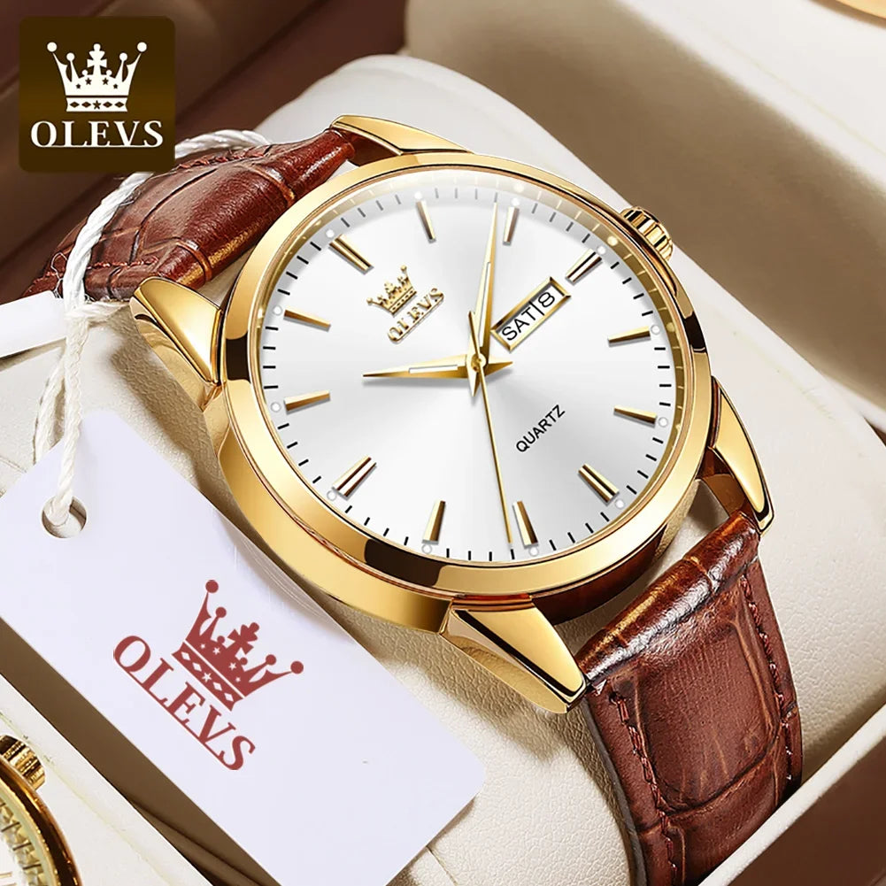 OLEVS kvarc karóra férfiaknak – Luxus és elegáns stílus, bőr szíj, dátum- és napkijelzés, vízálló, ideális munkához