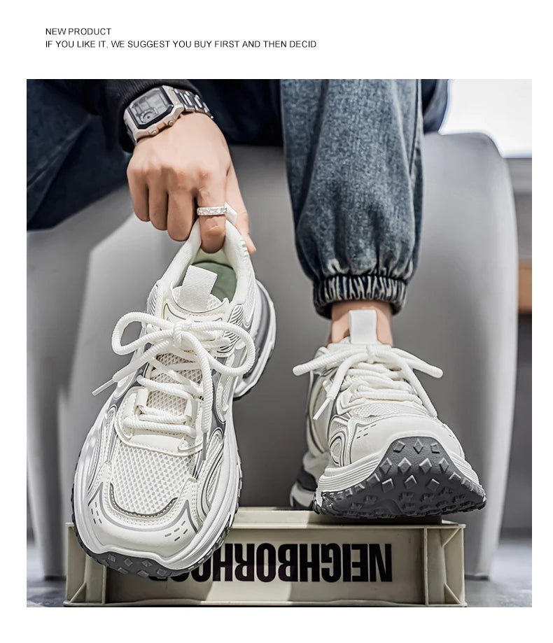 Unisex Trendy Chunky Dad Sneakers Silver Black Retro Couple Breathable Mesh Casual Platform Shoes