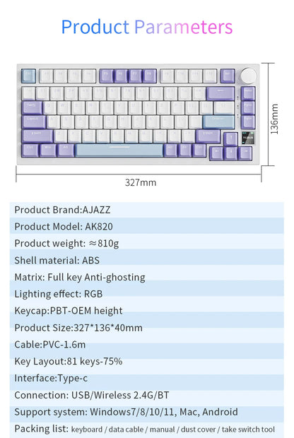 Teclado mecânico gaming AJAZZ AK820 Pro com fios e sem fios, tri-modo, retroiluminação RGB, switches hot-swappable, layout compacto 70%, PC/Mac