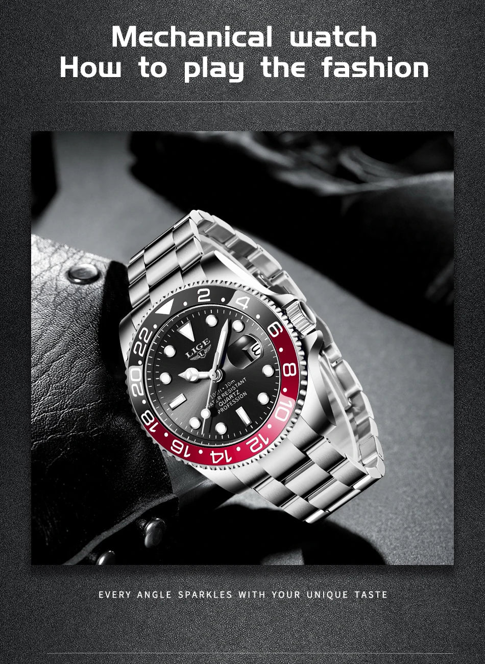 LIGE Fashion Business Watch Men 3ATM Waterproof Luminous Wristwatch Men Clock Top Brand Luxury Sports Quartz Diving Chronograph