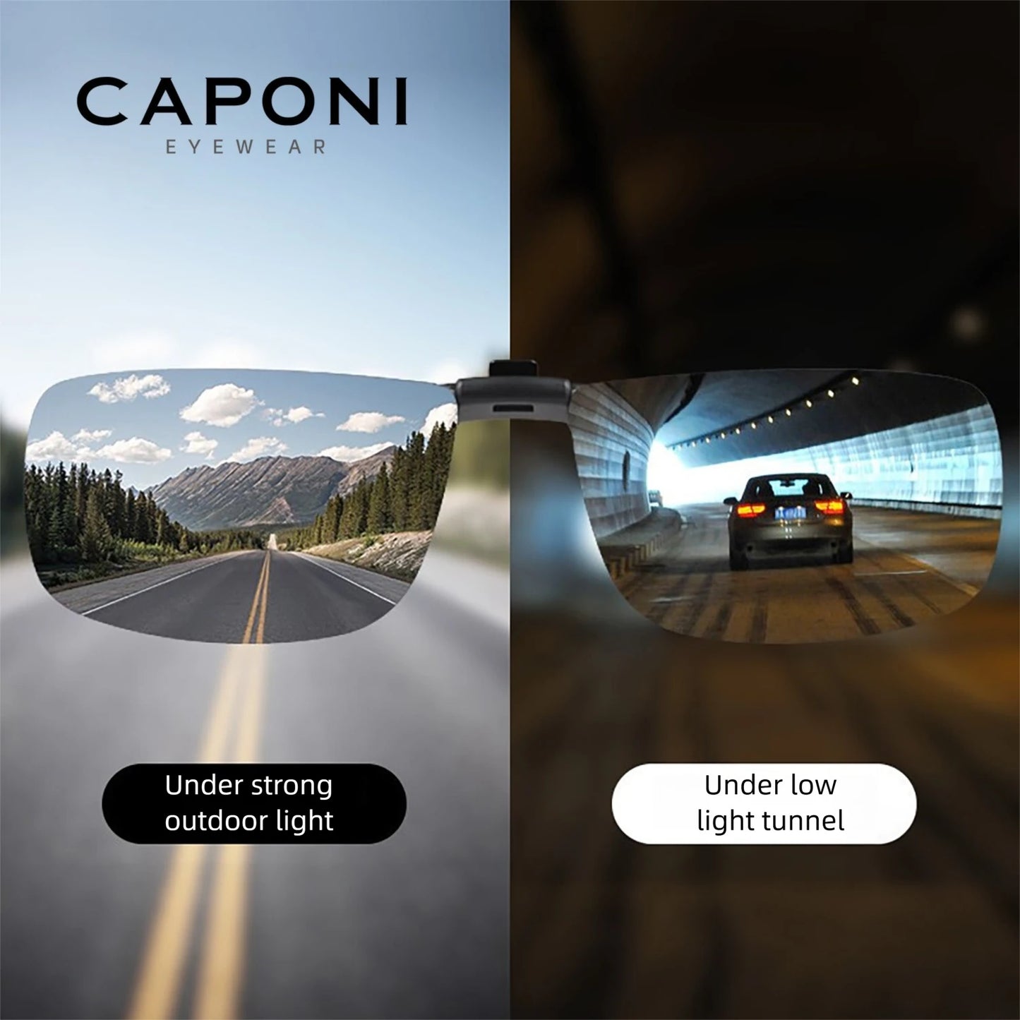 CAPONI New Sunglasses Clip For Men Square Polarized Photochromic Glasses Clip Flipped Up Protect Eyes Light Clip On Frame BS1282