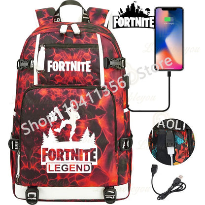 Yule Trooper F-Fortnited Battle Royale Backpack with USB Charging Anime Figures Study Stationery Compartment Students Mochila