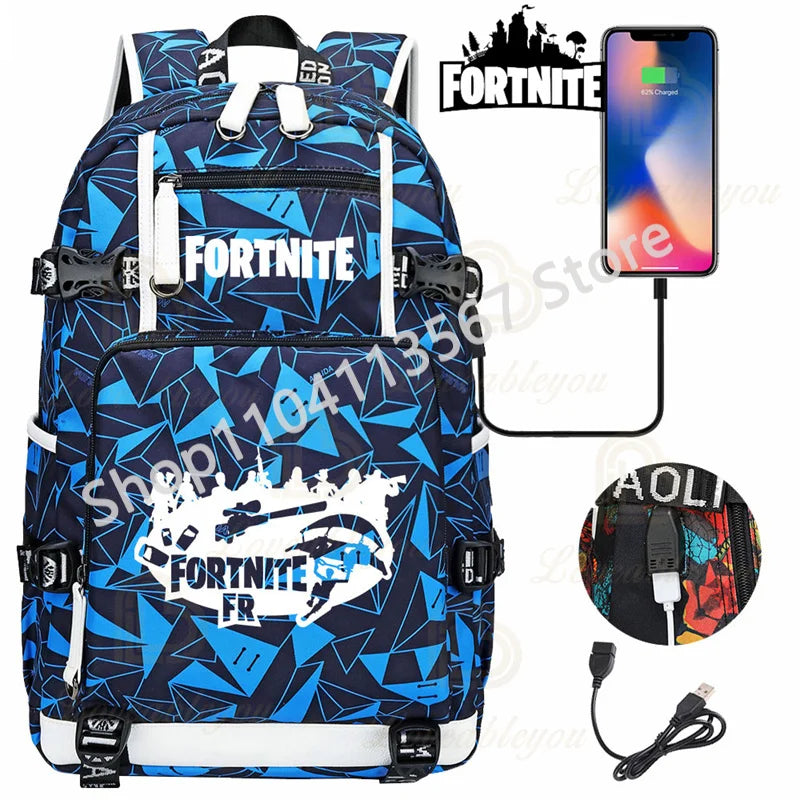 Yule Trooper F-Fortnited Battle Royale Backpack with USB Charging Anime Figures Study Stationery Compartment Students Mochila