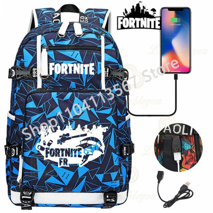 Yule Trooper F-Fortnited Battle Royale Backpack with USB Charging Anime Figures Study Stationery Compartment Students Mochila