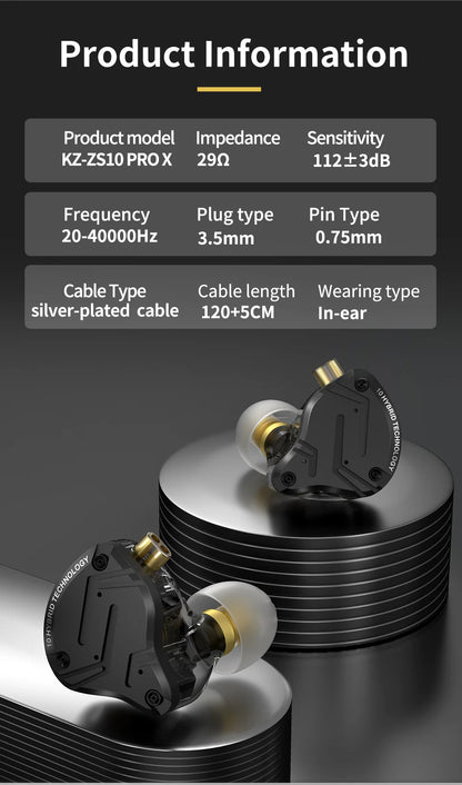 KZ ZS10 Pro X In-Ear Wired Earphones HiFi Bass Monitor Earbuds with Detachable Cable & Microphone